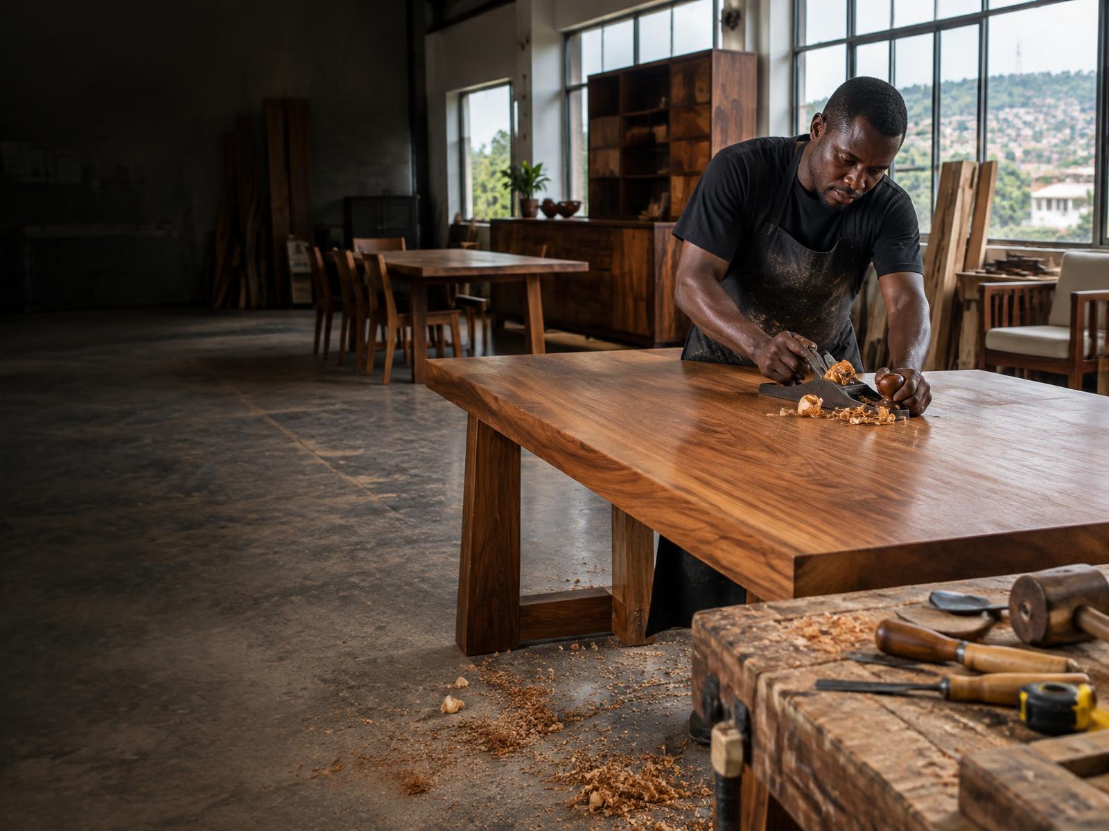 Artisan Design Meuble travaillant une table en bois massif à Yaoundé